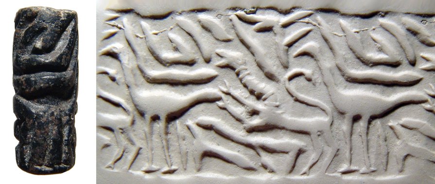 Black steatite cylinder seal, Ex Edgar Banks, UK: An Early Dynastic black steatite cylinder seal, c.3200 - 2750 BC, most likely peripheral, the design consisting of stylized birds and felines amidst geometric fill. L: 28mm. Intact. Cf. D. Homes-Frede
