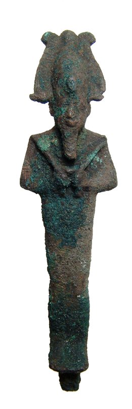 Egyptian bronze Osiris, ex Cairo Museum 1908: An Egyptian bronze figure of Osiris, Late Period, c. 664 - 30 BC, mummiform, wearing atef crown with uraeus and false beard, arms folded at chest, hands holding a crook and flail. H: 4 3/4" (12.1 cm).