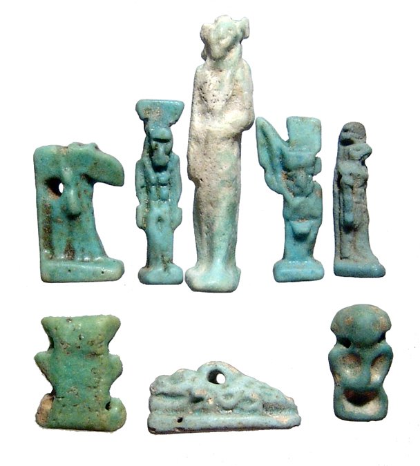 Nice lot of 8 Egyptian faience amulets: A nice lot of 8 Egyptian faience amulets. All dating to the Late Period, c. 664 - 30 BC, lot includes standing Bastet, Nephthys, Ra, Thoth, Pataikos, Bes, Min and the crocodile Sobek. Largest measures