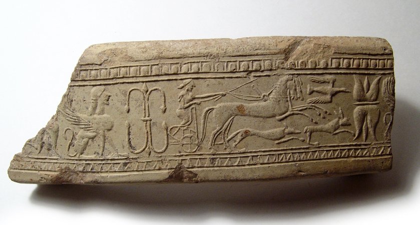 Mycenaean, beautiful terracotta relief: A beautiful Eastern Mediterranean terracotta relief, Mycenaean, c. 1200 - 1000 BC, depicting a charioteer drawn by a pair of horses, a hound below and a hare and bird before, a thunderbolt to the far 