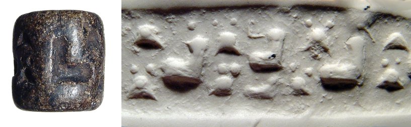 Jemdat Nasr steatite seal, Ex-Banks collection: An attractive Jemdat Nasr black steatite cylinder seal, c. 3200 - 2900 BC, the scene depicting squatting women amidst two-handled pots. H: 19mm; W: 18mm. Cf. Yale 144. Ex Edgar Banks, UK, gifted in th