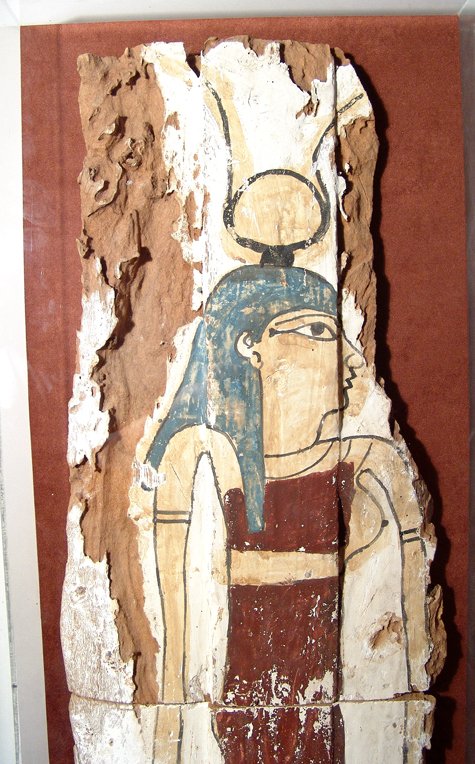 Huge Egyptian wood panel from a sarcophagus: A large Egyptian painted wood panel from a sarcophagus depicting Isis, Late Period, c. 664 - 30 BC, breast exposed, she wears a long red gown with broad collar, armlets and bracelets. Her headdress co