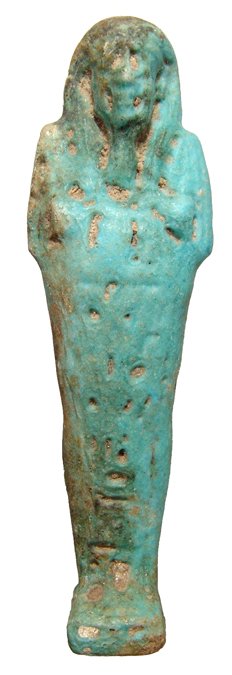 Turquoise blue faience ushabti, Ex Alex Malloy: An Egyptian turquoise blue faience ushabti, Late Period, c. 664 - 30 BC, mummiform, wearing tripartite headdress and false beard, arms folded at chest, hands holding a pick and hoe, basket over left s