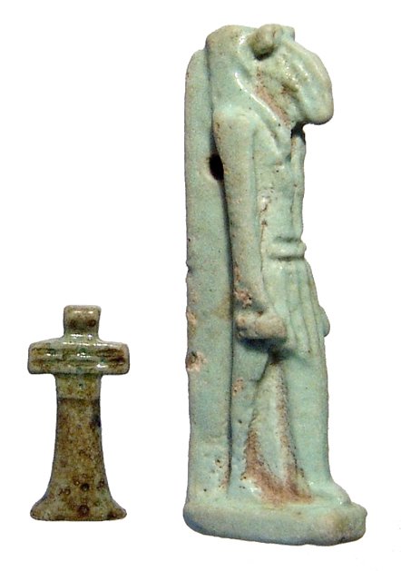 Pair of Egyptian faience amulets: A pair of Egyptian faience amulets, Late Period, c. 664 - 30 BC, the first a light blue glazed amulet of the god Thoth, wearing a kilt, arms pendant at his side. H: 40mm. Intact. The second is a light