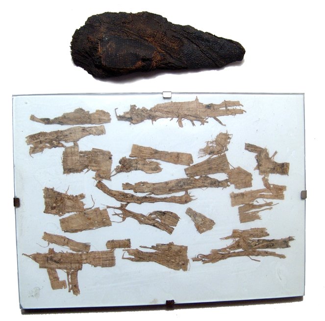 Egyptian papyrus fragments and mummy linen: A lot of Egyptian papyrus fragments and a resin soaked mummy linen fragment, Graeco-Roman, c, 2nd Century BC/AD. The strips are from a papyrus scroll and the linen fragment soaked with resins used dur