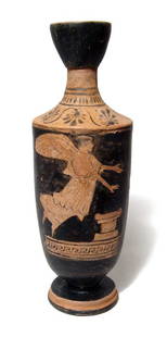 Attic Red-Figure Lekythos, Ex Royal Athena.: An Attic Red-Figure Lekythos, c. 450 - 420 BC, nicely decorated with a winged female hovering to right, arms outstretched over a low altar, Maeander pattern below. On the shoulder are palmettes, the