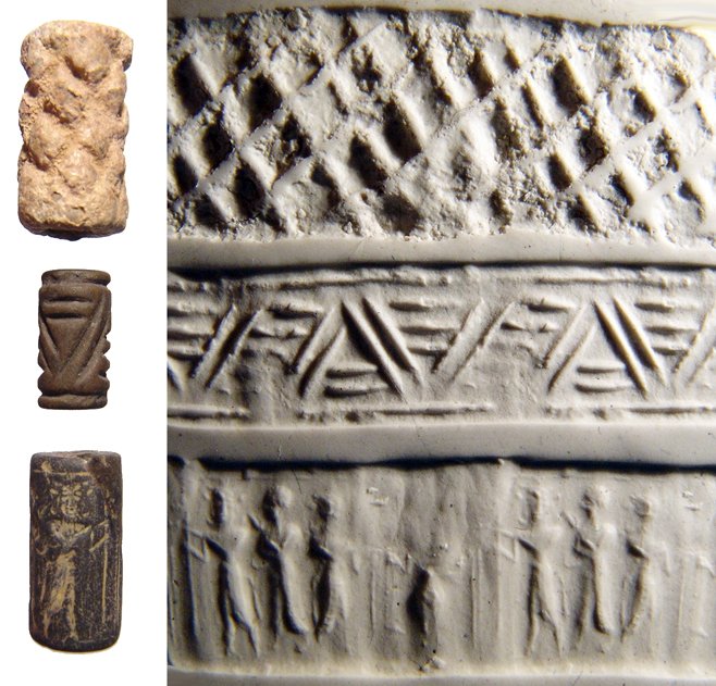 Lot of 3 ancient cylinder seals: A lot of 3 cylinder seals. The first is a black serpentine Syrian, early 2nd Millennium BC, and depicts a series of standing figures, each nicely incised. H: 16mm. The other two seals are Jemdat Nasr,