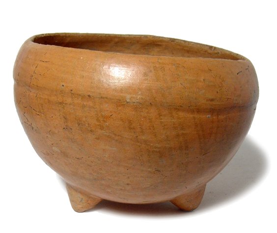 Attractive Mayan orange-ware tripod bowl: An attractive Mayan orange-ware tripod bowl, El Salvador, c. AD 400 - 600, the bowl deep with an indented line below the inward flaring rim. Intact the glossy surfaces with light mineral and root depo