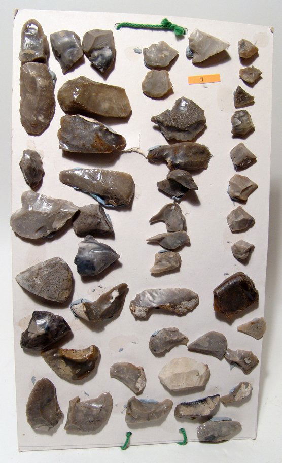 Lot of 56 European stone age tools: A lot of 56 European stone age tools, all mounted on a rectangular piece of card board via removable putty. Largest measures 2 3/4" (7 cm) in length. Ex European private collection.