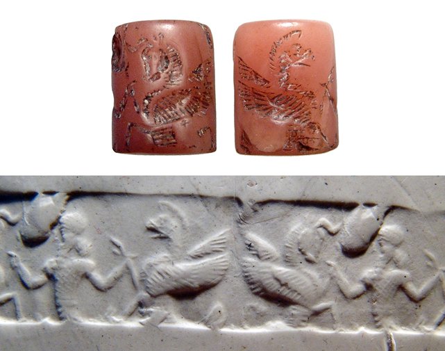 Achaemenid cylinder seal, ex-Banks collection: An orange-pink chalcedony Achaemenid cylinder seal, c. 550 - 330 BC, nicely carved and depicting a king in combat with a rampant winged ibex, a winged griffin behind. H: 14mm. Losses to lower 1/3, but