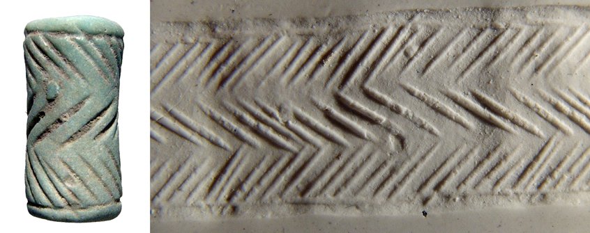 Anatolia, green glazed faience cylinder seal: A green glazed faience cylinder seal, Anatolia, c. 1200 - 1000 BC, well-preserved, the decoration consisting of angles lines, the outside registers in opposition to the inside. H: 19mm. Ex English dea