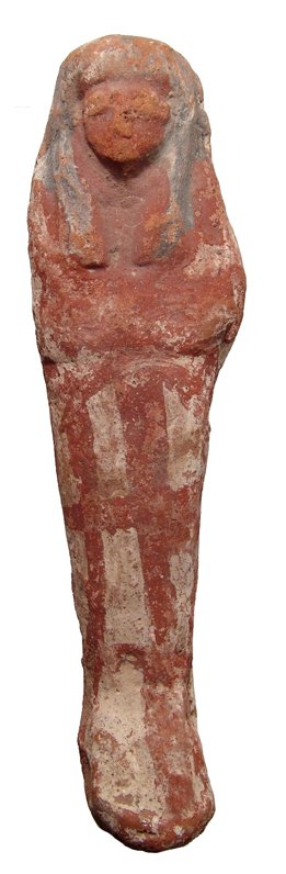 Large Egyptian New Kingdom terracotta ushabti: A large and attractive Egyptian New Kingdom terracotta ushabti, 19th Dynasty, c. 1292 - 1187 BC, mummiform, wearing tripartite wig, arms folded across chest. The figure is nicely painted in the style 