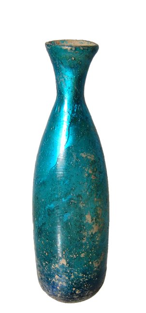 Byzantine/Islamic blue-green glass bottle: A beautiful Byzantine/Islamic blue-green glass bottle, c. 6th - 7th Century AD, the body cylindrical with indented base, the neck narrow with flared mouth. H: 3 1/2" (8.9 cm). Intact with brilliant bl