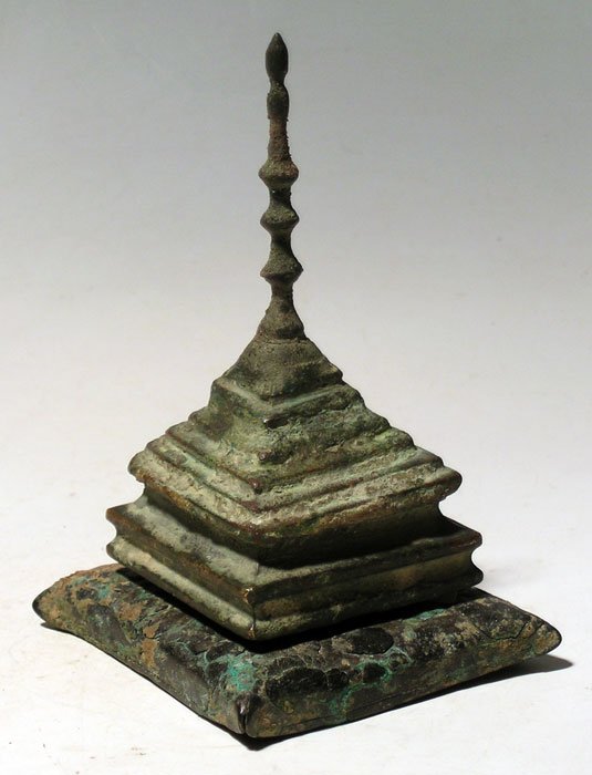 Lovely Kushan bronze stupa, Central Asia: A lovely Kushan bronze stupa, c. 1st - 2nd century AD. This fine two-part example is 5" high and consists of the temple structure and a separate base. A beautifully made example with nice patina and g