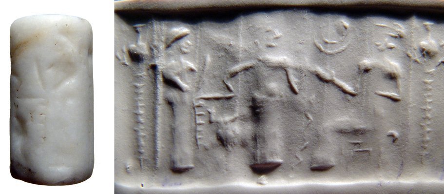 A Post Akkadian cylinder seal, Ur III: A Post Akkadian cylinder seal, Ur III, c. 2112 - 2004 BC, depicting a seated deity with two worshippers before, various symbols in the field. H: 21mm. Some wear. Ex Edgar Banks, UK, gifted in the 1920