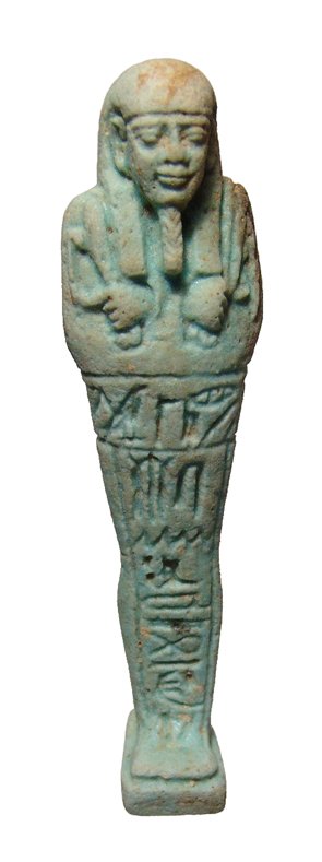 An Egyptian pale blue faience ushabti for Horpenaset: A choice Egyptian pale blue faience ushabti for Horpenaset, born to Asetsheshen, Late Period, c. 664 - 332 BC, in handsome style and sharply detailed, depicted mummiform, wearing tripartite wig and fa