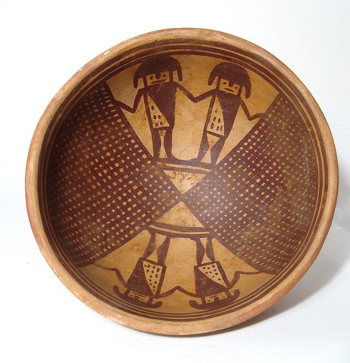 A Narino Pedestal Bowl with Pairs of Opposing Figures: A Narino pedestal bowl, Tuza cultural complex of Colombia, c. AD 1250 - 1500, the interior nicely decorated with fertility motifs in the form of pairs of opposing figures separated by characteristic n