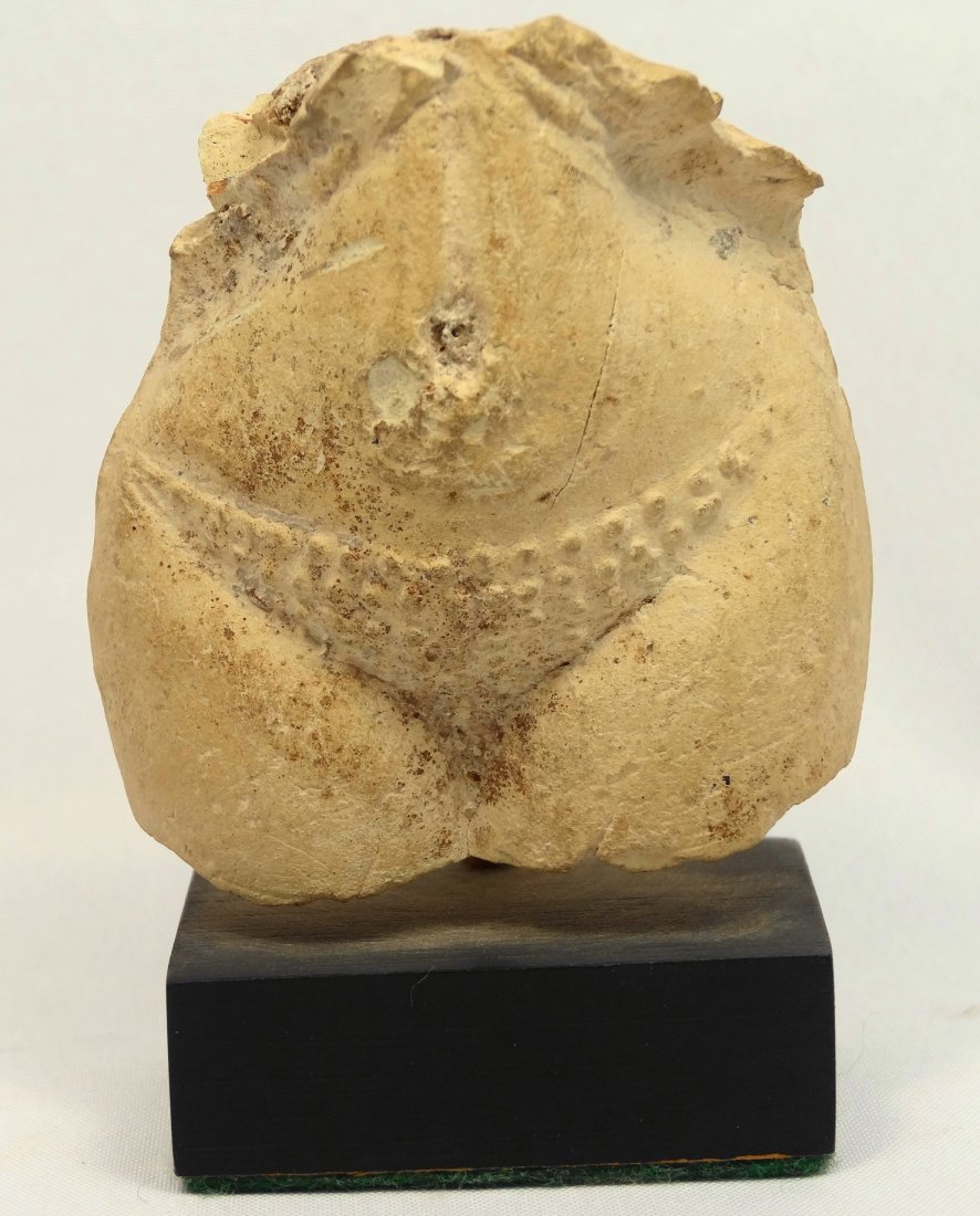 An Egyptian 19th Dynasty torso fragment of a concubine: An Egyptian 19th Dynasty torso fragment of a concubine figure, H: 1 3/4Ó (4.4 cm). A line runs up the stomach from the belly button and she has stylized pubic hair running up her hips. Ex Private Eng