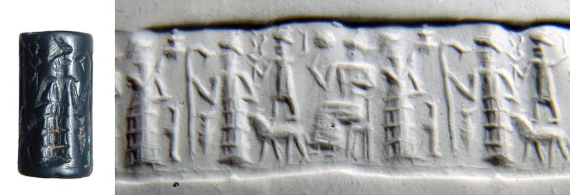 An Old Babylonian hematite cylinder seal: An Old Babylonian hematite cylinder seal, c. 1900 - 1750 BC, depicting a seated deity with a smaller figure above a lion before, two other standing figure to the left. L: 17mm. Intact.