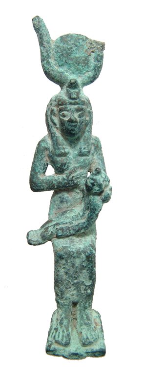 An Egyptian bronze figure of the goddess Isis: An Egyptian bronze figure of the goddess Isis, Late Period, c. 664 - 343 BC, depicted seated, wearing solar disc between cow’s horns, suckling the infant Horus who she holds on her lap. H: 4 ½” (