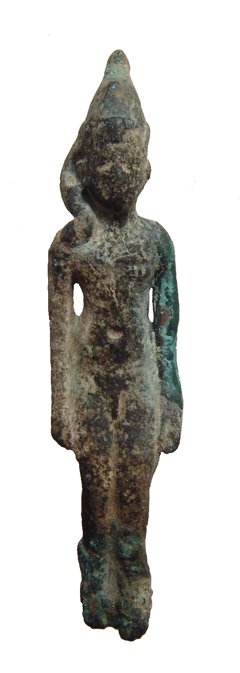 A bronze figure of Harpokrates, Late Period: A bronze figure of Harpokrates, Late Period, c. 664 - 343 BC, depicted seated, nude, wearing Double Crown of Upper and Lower Egypt and side lock, arms pendant at his sides. H: 2 7/8” (7.3 cm). Losse