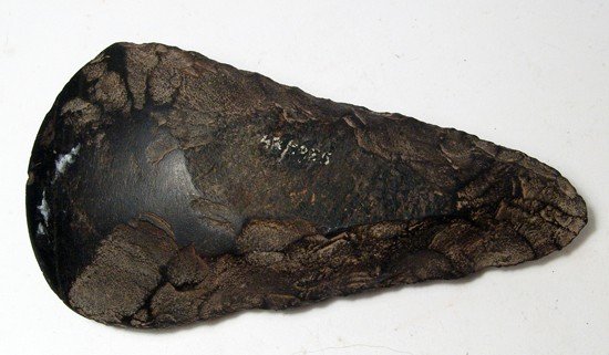 A choice European Neolithic basalt axe: A choice European Neolithic basalt axe, c. 2900 - 2100 BC, the body knapped and tapering towards the base, the blade polished with curved cutting edge. L: 8 3/8 in (21.3 cm). Intact with old collectio