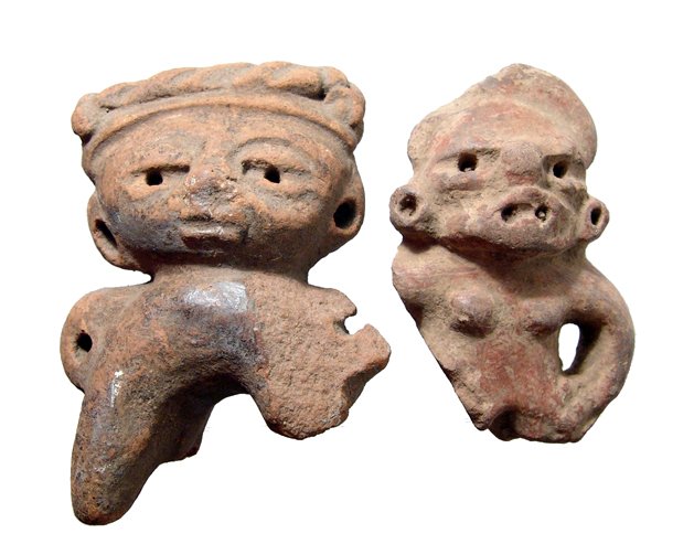A pair of Pre-Classic Mayan terracotta figures: A pair of Pre-Classic Mayan terracotta figures, El Salvador, c. 500 BC - AD 250, each in red-ware and with nice detail. H: 3 1/2" (8.9 cm) & 4" (10.2 cm). Both with losses and light deposits. Ex Jim S