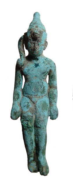 Attractive Egyptian bronze figure of Harpokrates: An attractive Egyptian bronze figure of Harpokrates, Late Period, c. 664 - 332 BC, depicted seated nude wearing double crown of Upper and Lower Egypt and side-lock. His body is very naturalistic with 