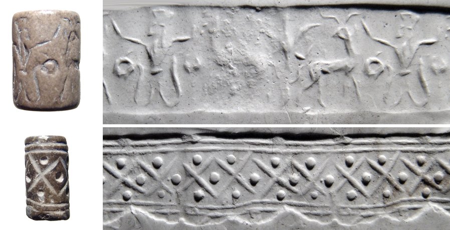 A lot of 2 Cylinder seals: A lot of 2 Cylinder seals. The first is a 3rd Dynasty provincial type, late 3rd Millennium BC, depicting a figure with serpent legs amidst animals, L: 21mm, the second is a Northern Syrian type, c. 2n