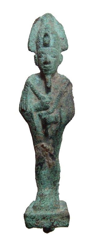 Egyptian bronze figure of Osiris: An Egyptian bronze figure of Osiris, Late Period, c. 664 - 332 BC, the god is depicted standing on a thick base, mummiform, wearing atef crown with uraeus and false beard, arms folded across chest, ha