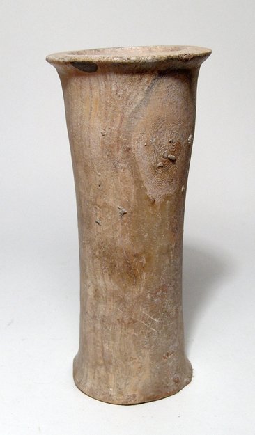 Egyptian Old Kingdom alabaster jar: An Egyptian Old Kingdom alabaster jar, 4th - 6th Dynasty, c. 2618 - 2131 BC, quite tall and slender and carved from highly translucent stone with lovely banding. The sides slowly curve inward with wid
