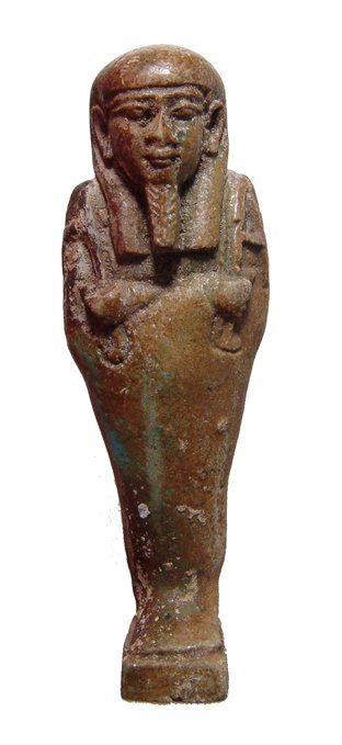 Egyptian faience ushabti, Late Period: A detailed Egyptian faience ushabti, Late Period, c. 664 - 30 BC, mummiform, wearing tripartite headdress and false beard, arms folded across chest, hands holding hoes, basket over left shoulder. Nice