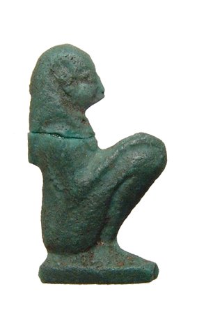 Egyptian faience inlay of kneeling goddess, likely Maat: An Egyptian faience inlay of a kneeling goddess, likely Maat, 3rd Intermediate - Late Period, c. 1075 - 343 BC, nicely detailed with deep blue-green color. H: 7/8 in (2.3cm). Some chipping and repaire