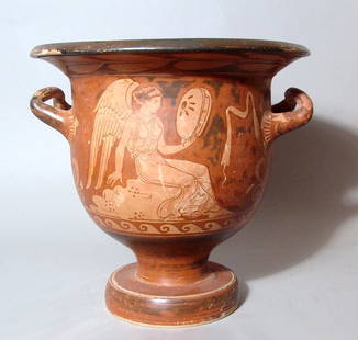 A large Greek Red-Figure Bell Krater: A large Greek Red-Figure Bell Krater, Apulia, c. 4th Century BC, one side featuring a nude satyr who advances lt., holding a torch and a tambourine, floral devices before and behind. His features wond