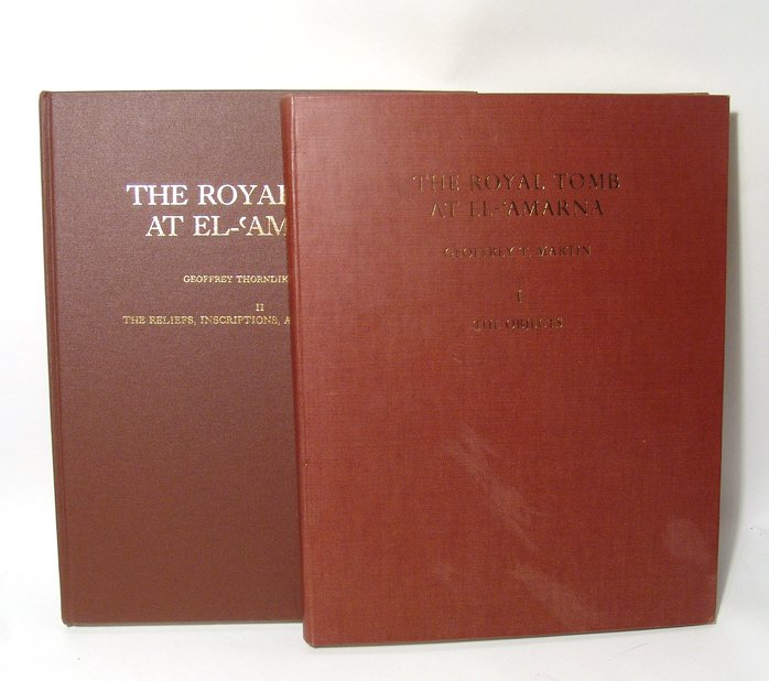 Set of Geoffrey Martin’s The Royal Tomb at El-Amarna: A desirable set of Geoffrey Martin’s The Royal Tomb at El-Amarna, Egypt Exploration Society, London. 1974 & 1979. 4to, 11 ½” x 10”, hard cover, red buckram. Vol. I: The Objects. Xix, 123 pp wit