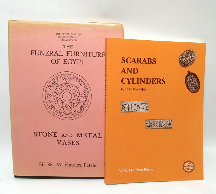 3 references for Egyptian Vessels,Scarabs & Amulets by: A lot of 3 useful reference for Egyptian Vessels, Scarabs & Amulets by Flinders Petrie. The first is Petrie’s Volume on Stone and Metal Vases. Flinders Petrie, The Funeral Furniture of Egypt: Stone 