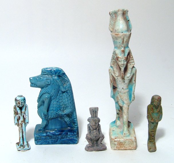 A lot of 5 Egyptian amulets and an alabaster bowl: A lot of 5 Egyptian amulets and an alabaster bowl. The amulets are in ancient-style and include a large ceramic figure of pharaoh wearing a kilt and the double crown with plumes, (H: 5 ½ in, 14 cm);