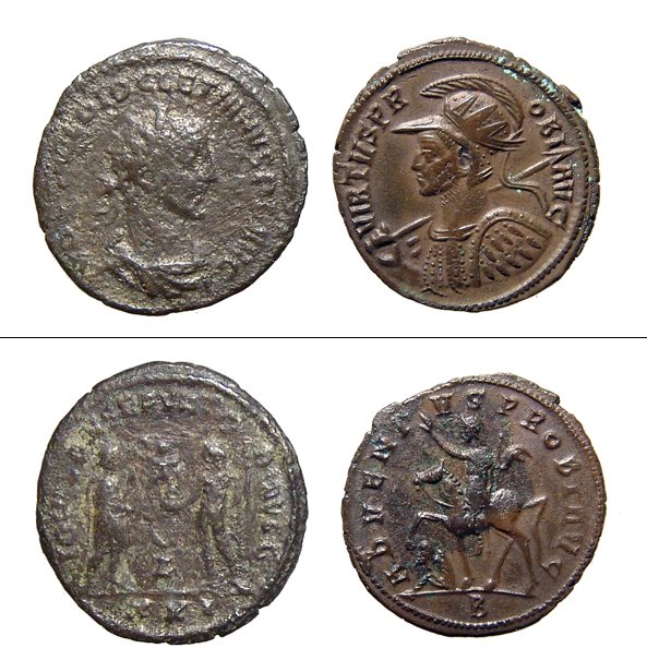 A lot of 2 ancient Roman coins: A lot of 2 ancient Roman coins. Lot includes a follis of the emperor Maximianus, AD 286 - 305, struck at Alexandria, Egypt, (9.43g, 27mm), the second a billon Antoninianus of Diocletian, AD 284 - 305,