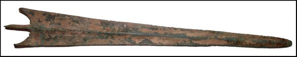 A large Capsian spear head: A large Capsian spear head, late 2nd Millennium BC, with long, narrow deltoid blade with central midriff. Intact with multicolored patination and signs of multiple resharpening in antiquity. L: 18 1/2