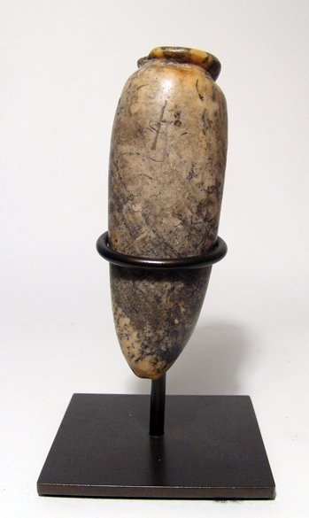 A nice Predynastic stone jar: A nice Predynastic stone jar, c. 3000 BC, carved from beautiful alabaster with banding and mottling. H: 5 1/8 in (13 cm). Single rim chip, very neat custom metal base. Ex Joseph S. Melchione collectio