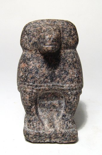 Egyptian granite sculpture of a baboon: An Egyptian pink and black granite sculpture of a baboon, Late New Kingdom-3rd Intermediate, c. 1200 - 760 BC, with nicely carved features and good detail. H: 3 ¾ in (9.5 cm). Intact, light deposits.
