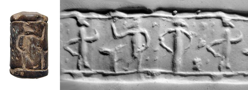 A steatite cylinder seal: A steatite cylinder seal, Syria - Levante, c. 2nd Millennium BC, featuring a pair of figures separated by a T-shaped altar, another figure standing behind. L: 7/8 in (2.3cm). Intact. Ex collection of 