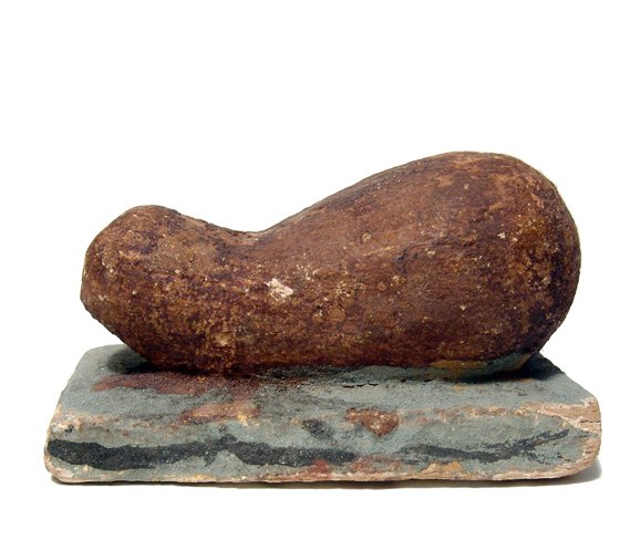 A nice Egyptian painted wood offering: A nice Egyptian painted wood offering, Late Period, c. 664 - 30 BC, well-preserved with original yellow paint with reddish overtones, base in a light blue with a black horizontal band. Part of the ela