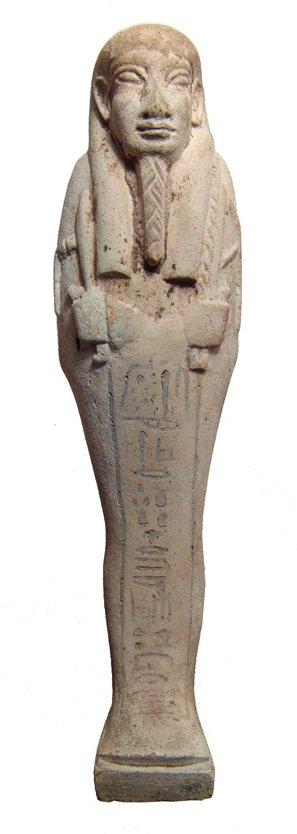 Fantastically detailed Egyptian faience ushabti: An extremely well-detailed Egyptian faience ushabti, Late Period, c. 664 - 343 BC, mummiform, wearing tripartite headdress and false beard, arms folded across chest, hands holding a pick and hoe, bag