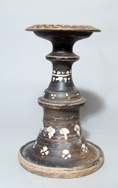 Greek Gnathian-ware Thymiaterion or Incense burner: A Greek Gnathian-ware Thymiaterion or Incense burner, Magnia Graecia, c. 4th Century BC, nicely decorated with a laurel band, bunches of grapes and rosettes, an interlocking border around the rim. H: 