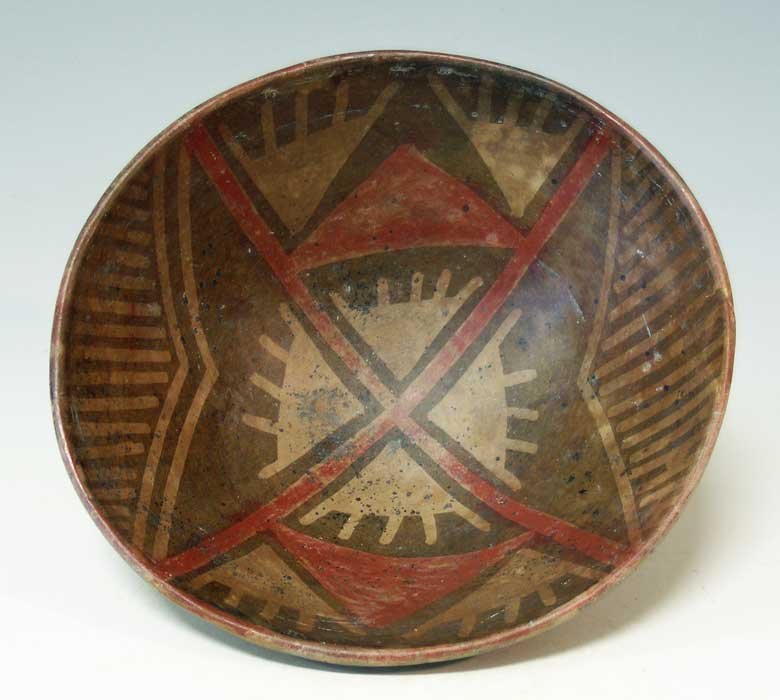 A fine Narino bowl from Colombia: A fine Narino bowl from Colombia, ca. 750 – 1250 AD. This lovely Piartal cultural complex pedestal type bowl is 7-3/4 in in diameter is decorated inside and out with complex star designs representin