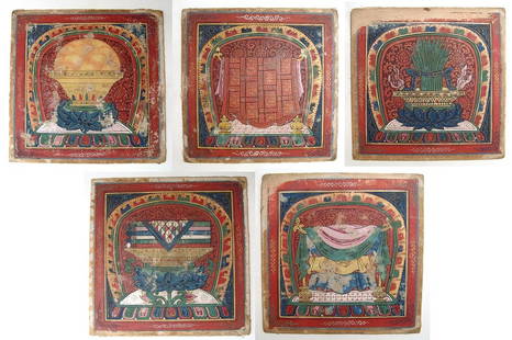 5 painted cartonnage depictions of sacred objects, Tibe: A group of 5 painted cartonnage depictions of sacred objects, Tibet, 17th Century or earlier, each with lengthy verso. These came from an old-time Orientalist and were examined by Dr. P. Pal of LACMA