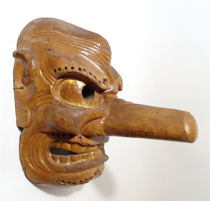 Japanese wood mask with elongated nose, Edo-Jidai: A choice Japanese wood mask with elongated nose, Edo-Jidai, buff color with gold in the eyes and teeth. It likely had long eye-brows, moustache and a beard and is quite substantial, more so than NOH m