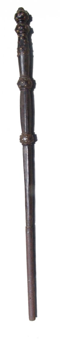 Central Asian staff, decorated with brass 'Trade Tacks': A nice Central African wood staff, decorated with brass 'Trade Tacks', the last quarter wrapped around with iron sheeting. It has a wonderful old patina, glossy in areas, and the iron has old, stable 