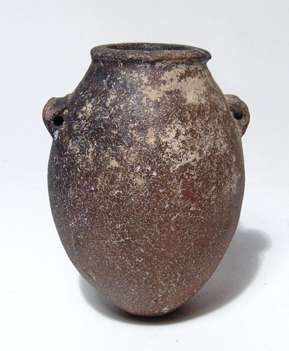 Egyptian Predynastic cosmetic jar, Naqada II: A nice Egyptian Predynastic cosmetic jar, Naqada II, c. 3500 - 3200 BC, hand formed and beautifully crafted with thin walls, flat rim and a pair of lug handles. The vessel is perfectly crafted to fit 